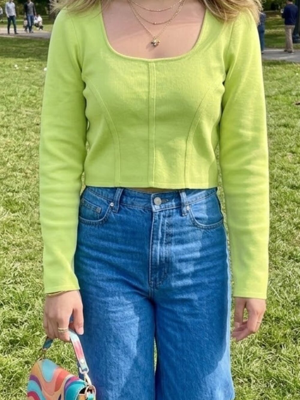 Bright Neon Lime Green Ribbed Knit Corset Style Cropped Long Sleeve Top